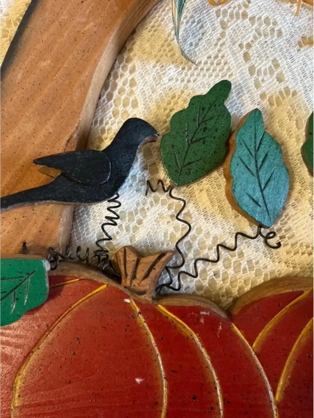 Rustic Wooden Pumpkin Basket Wall Decor with Bird and Leaves